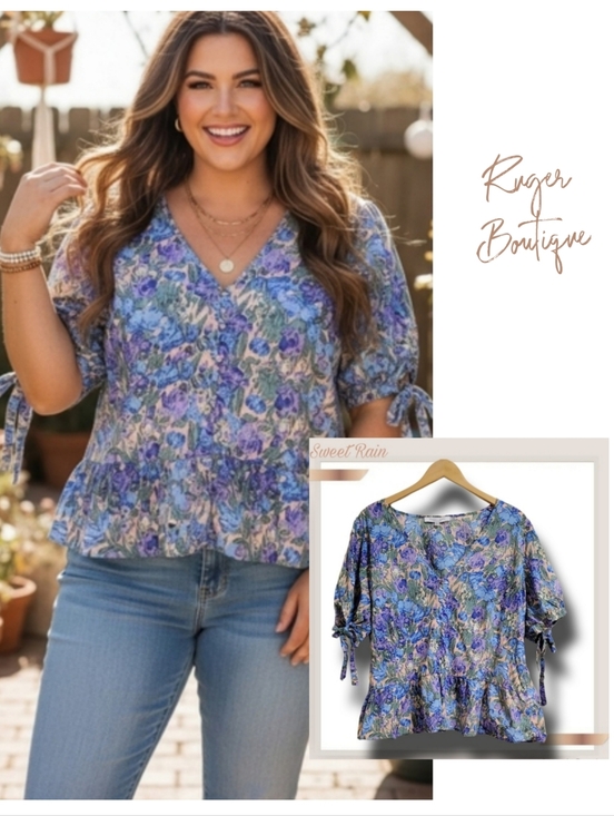 Sweet Rain Tops - 🌿Sweet Rain Women's 2XL Cotton Blue Purple Tan Puff Sleeve Floral Top